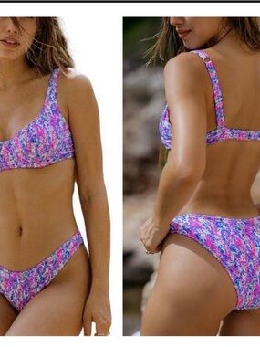 Two-Piece Floral Scoop Bikini in Pink and Purple - Women Swim med top lg bottom